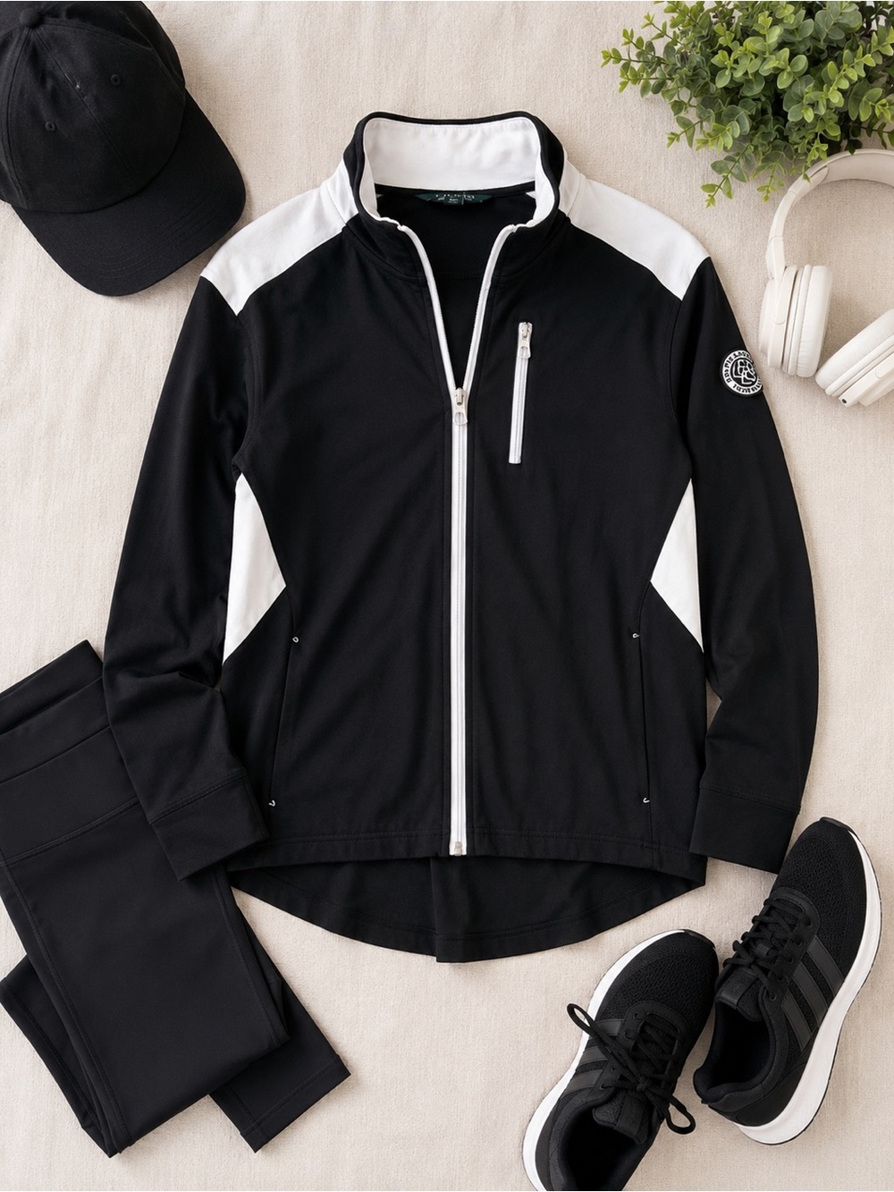 Lauren Ralph Lauren Black & White Full Zip Performance Jacket PXL Athleisure